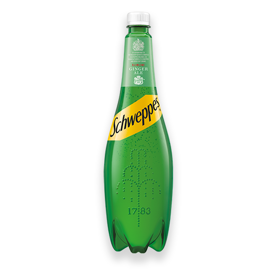 Schweppes Peach Coconut Soda Mixer bottle on white background.