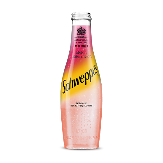 Schweppes Watermelon Melon Soda Mixer bottle on white background.