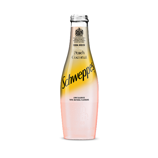 Schweppes Peach Coconut Soda Mixer bottle on white background.