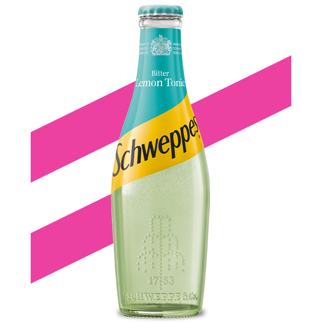 Schweppes Slimline Tonic Water bottle on white background.