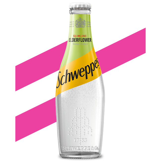 Schweppes Slimline Tonic Water and Elderflower bottle on white background.