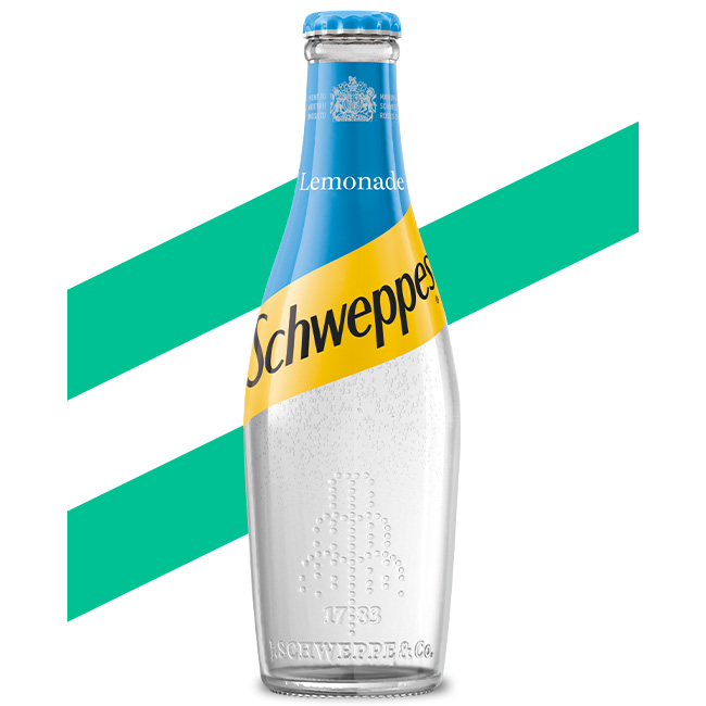 Schweppes Lemonade bottle on white background.