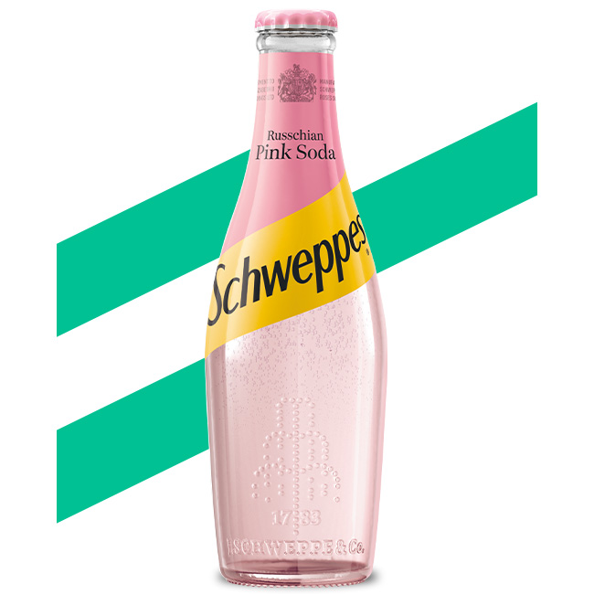 Schweppes Russchian Pink Soda bottle on white background.