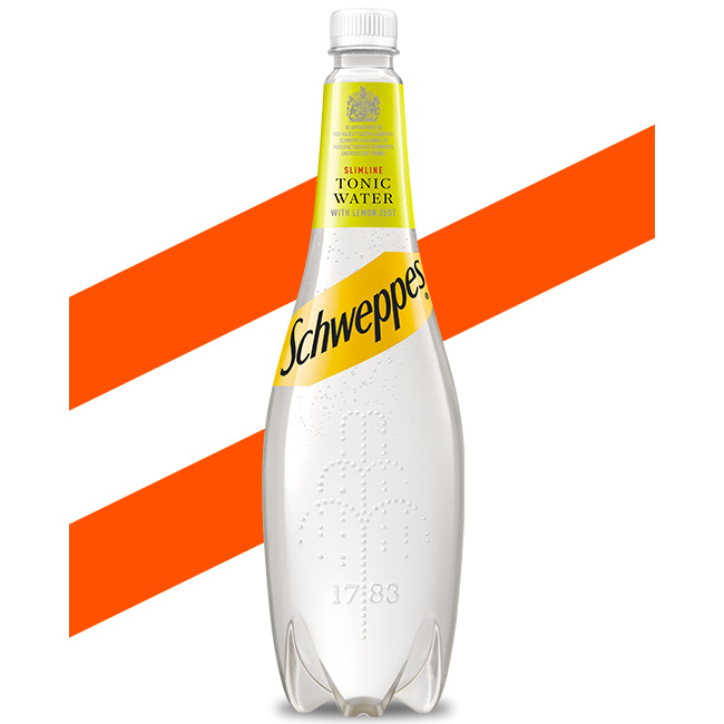 Schweppes Slimline Tonic Water with Lemon Zest bottle on white background.