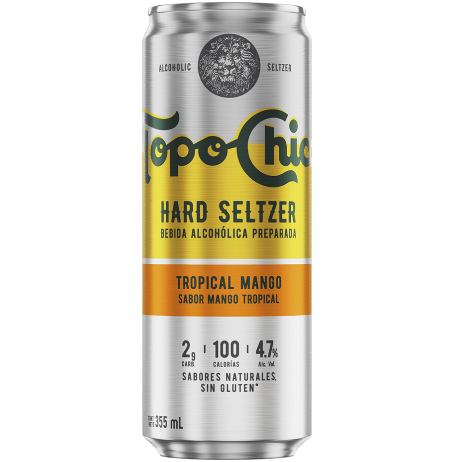 Topo Chico, bebida enlatada sabor Tropilca Mango, Ligero y Refrescante