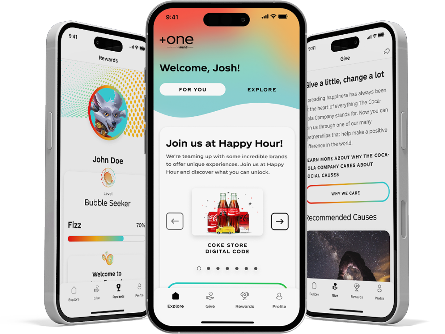 Smartphones displaying Coca-Cola app screens