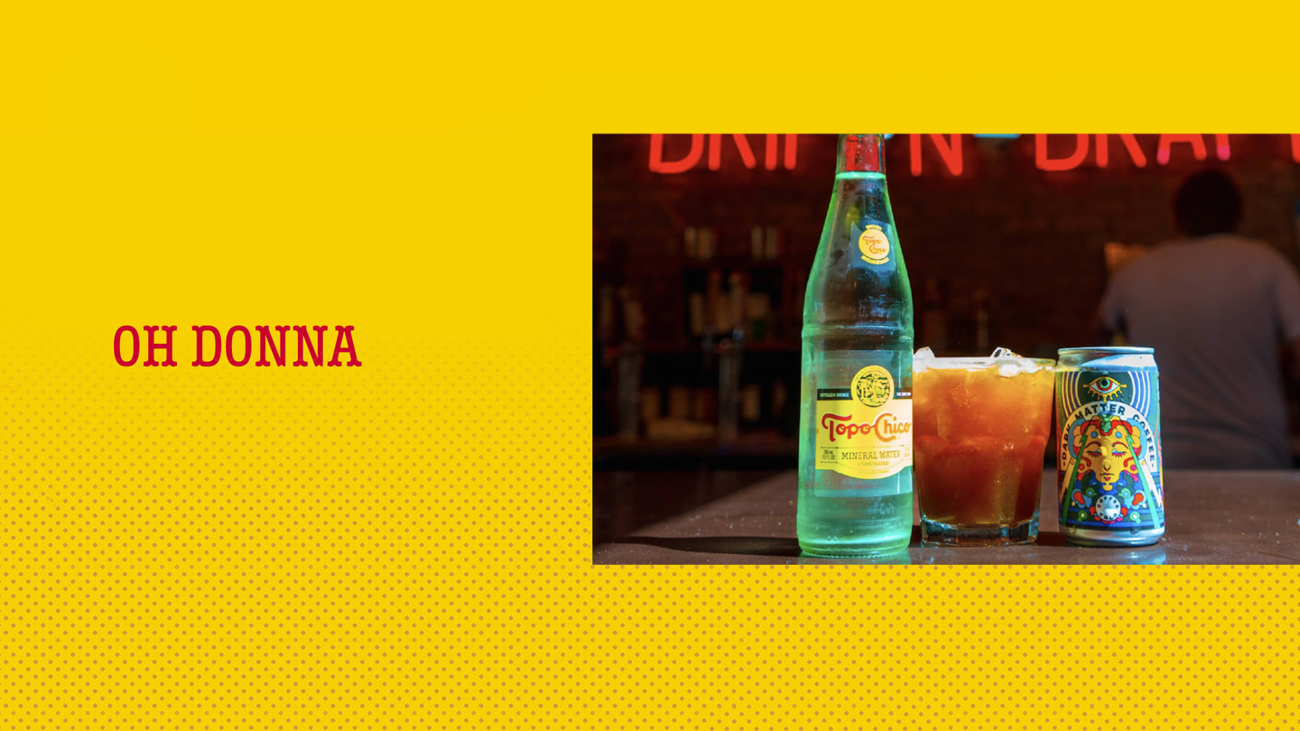 A bottle of Topo Chico next to a glass of Oh Donna drink and a can of Dark Matter Coffee